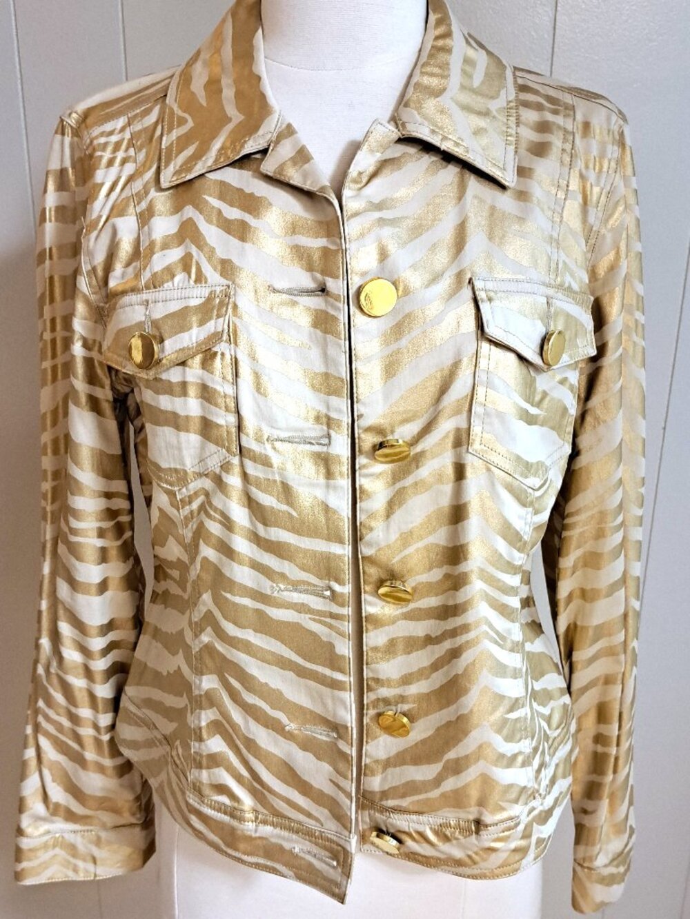 GOLD METALLIC ANIMAL PRINT JACKET W COTTON & SPANDEX SIZE MED BY JUST B